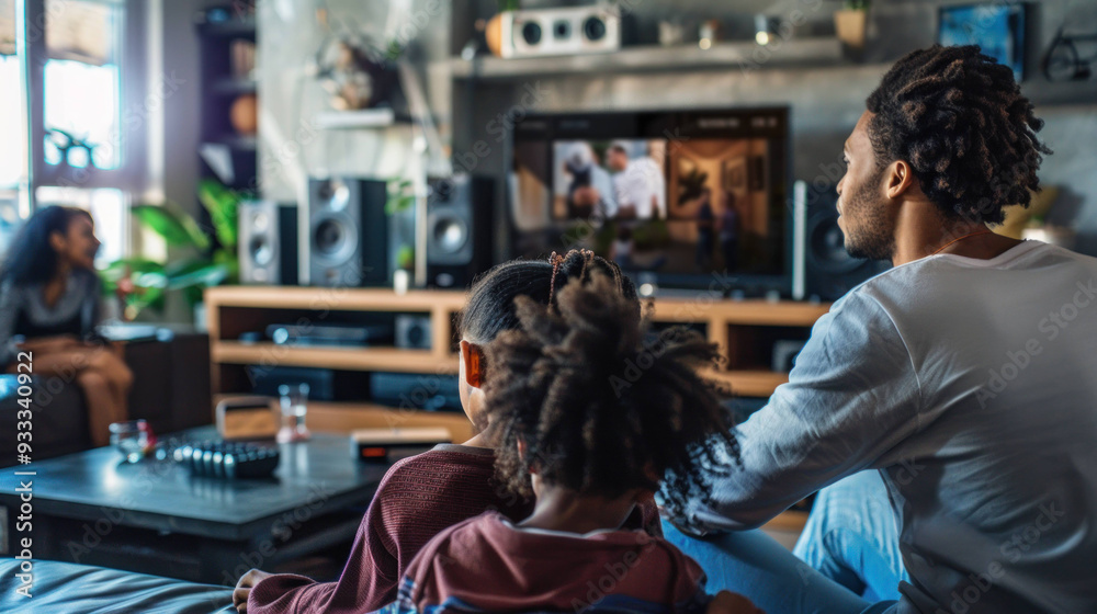 Happy Family Setting Up a Modern Home Entertainment System Together Happy Family Setting Up a Modern Home Entertainment System Together