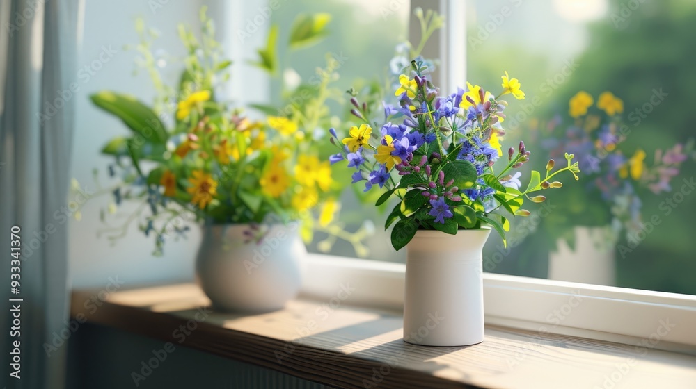 A white cup filled with a bouquet of yellow and purple flowers, standing on a wooden windowsill, with fresh blooms adding a bright touch to the country decor. A white cup filled with a bouquet of yellow and purple flowers, standing on a wooden windowsill, with fresh blooms adding a bright touch to the country decor.