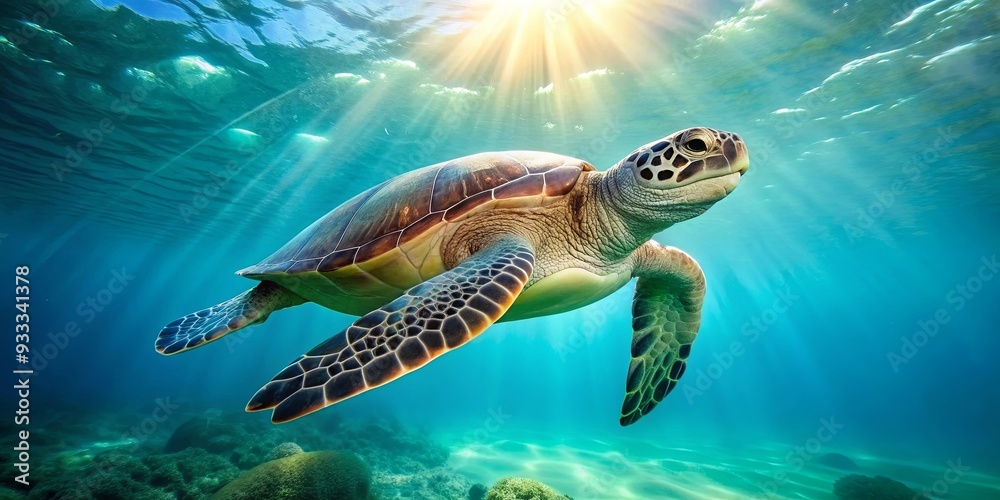 Fototapeta premium Green sea turtle swimming in the ocean, ocean, marine life, reptile, wildlife, underwater, habitat