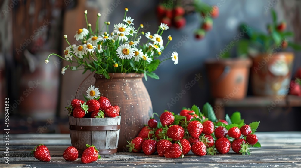 Rustic arrangement with a vase with white daisies and strawberries, a wooden bucket filled with ripe strawberries, and a potted plant in a brown pot, all on a wooden surface. Rustic arrangement with a vase with white daisies and strawberries, a wooden bucket filled with ripe strawberries, and a potted plant in a brown pot, all on a wooden surface.