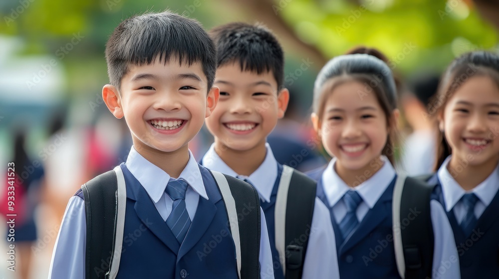 Three children are smiling and wearing school uniforms
