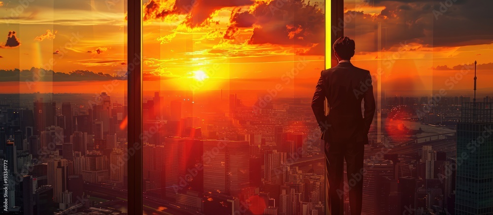 Businessman by window, urban sunset, panoramic city view, business theme. Businessman by window, urban sunset, panoramic city view, business theme.