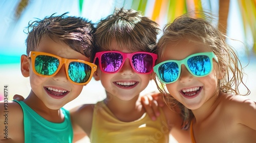 Three children wearing colorful sunglasses and smiling