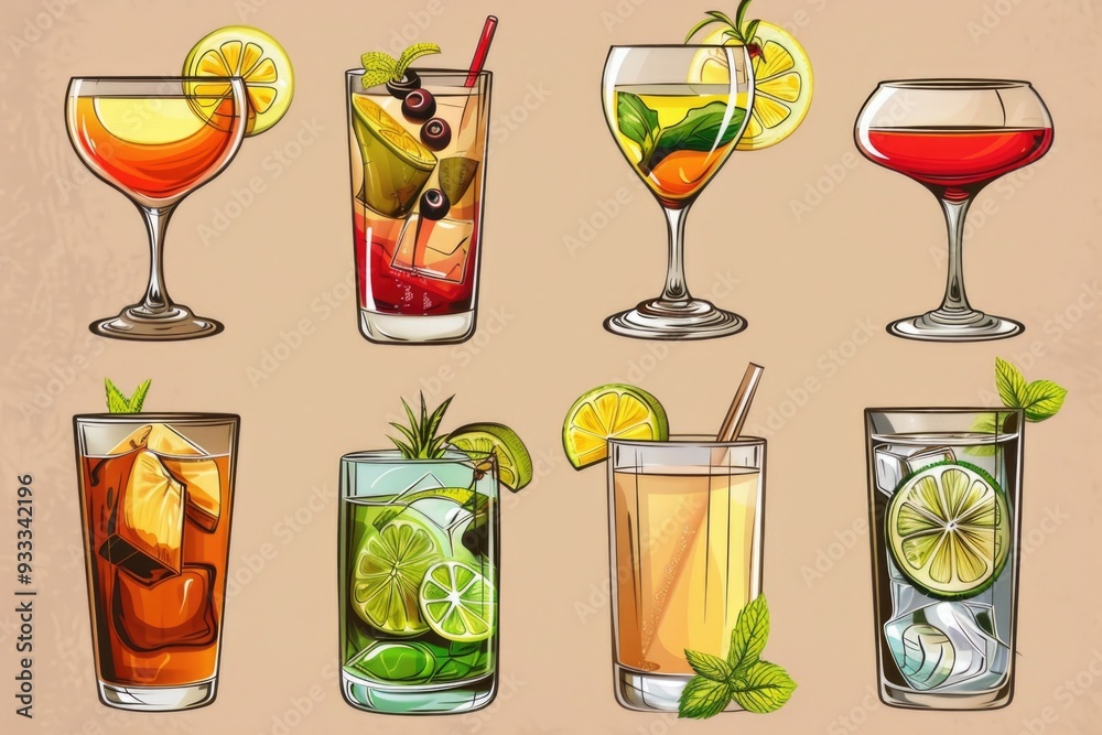 A selection of colorful cocktails on a table with glasses and garnishes A selection of colorful cocktails on a table with glasses and garnishes