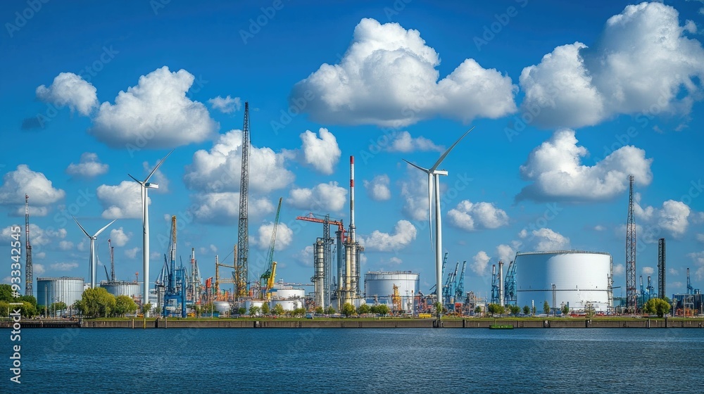 Industrial waterfront with wind turbines, cranes, and tanks under a bright blue sky with puffy white clouds. Industrial waterfront with wind turbines, cranes, and tanks under a bright blue sky with puffy white clouds.