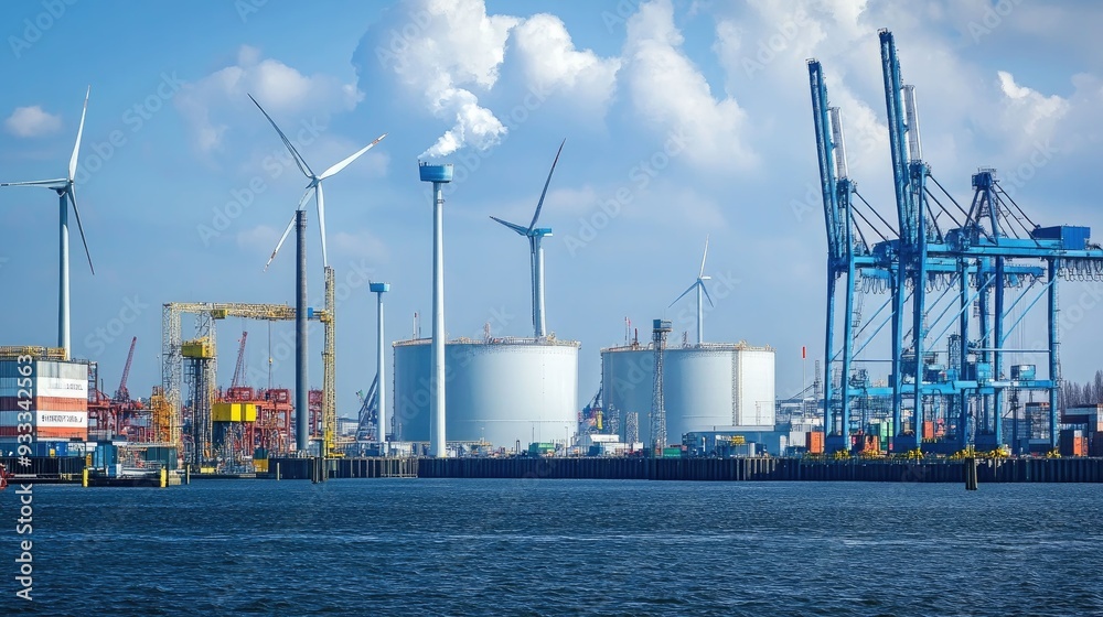 Industrial waterfront with wind turbines and cranes, blue sky and white clouds. Industrial waterfront with wind turbines and cranes, blue sky and white clouds.