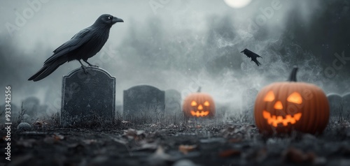 A raven perched on a gravestone beside glowing pumpkins during a Halloween night