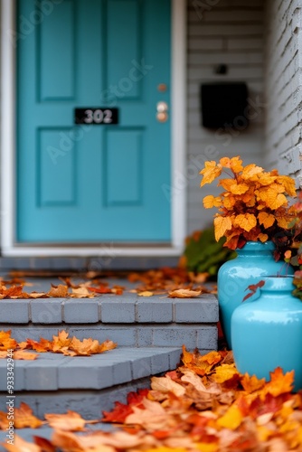 Autumn leaves adorn steps leading to a vibrant blue door with potted plants