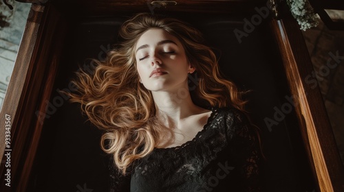 Woman Resting Peacefully in Wooden Coffin
