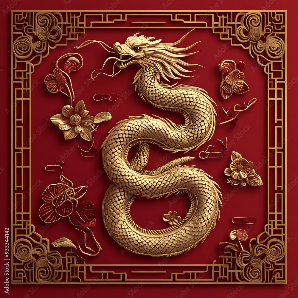 Happy Chinese New Year 2025. Chinese snake gold with clouds lanterns on red background for card design. China zodiac lunar calendar animal. Translation happy new year 2025, year of the snake.
