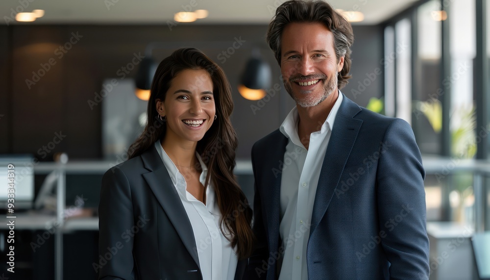 Portrait of a business man and woman smiling in modern office, standing together. Portrait of a business man and woman smiling in modern office, standing together.