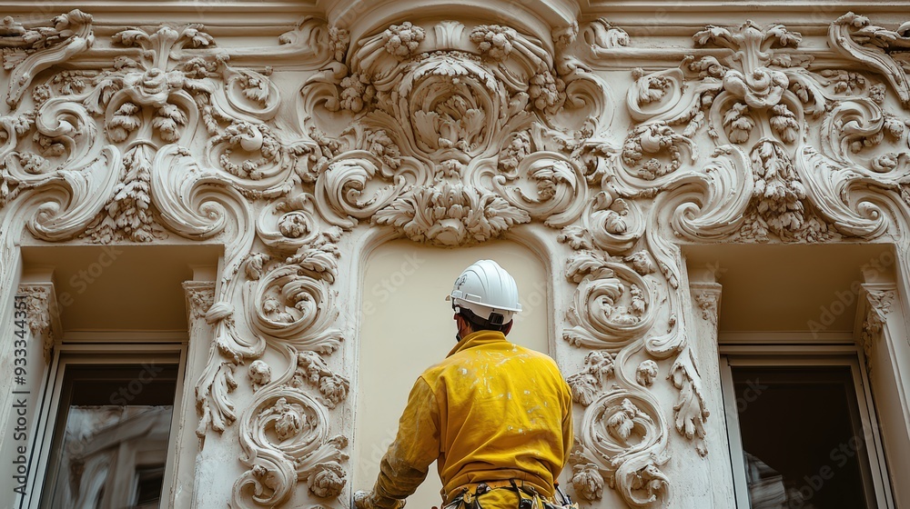 Obraz premium Male Plasterer on Scaffolding, Repairing the Building Facade by Plastering the Wall