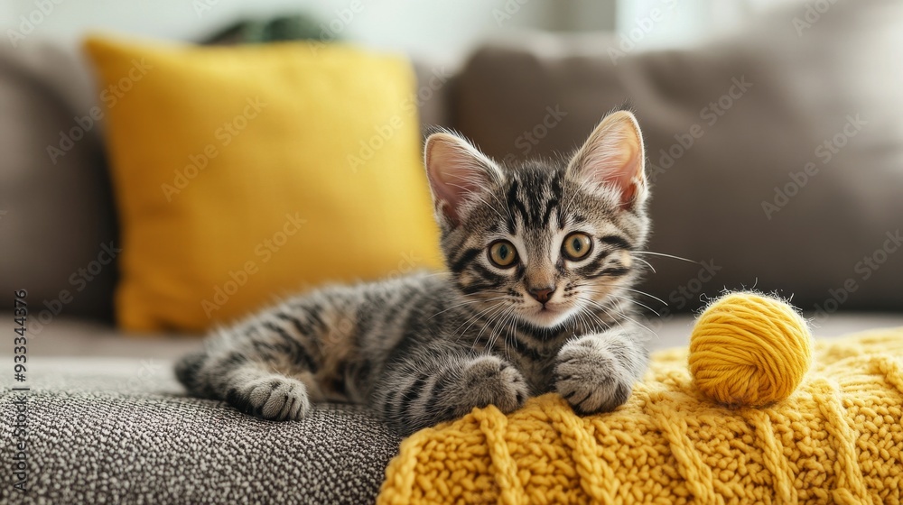 Cozy Living Room with Playful Kitten and Yarn Ball Cozy Living Room with Playful Kitten and Yarn Ball