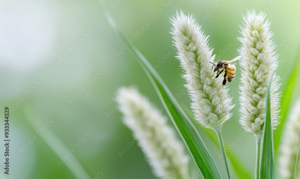Obraz premium A close-up of a bee pollinating a soft white flower in a lush garden, capturing the beauty of nature in delicate detail.