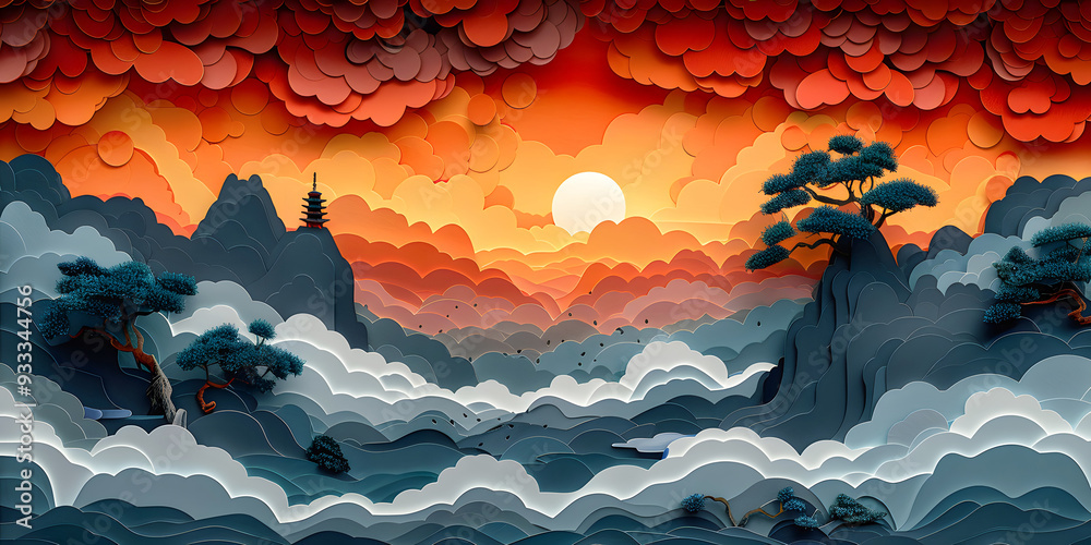 Fototapeta premium 3d Blue, Yellow Papercut Art: Snowy Mountain Landscape with Sun, Cherry Blossoms. And Minimalist Winter Scenes of Nature Scene Papercraft Snowy Mountain River, Lake Forest Skyview Landscape Background