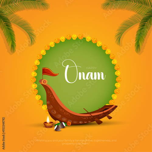 Happy Onam Post and Greeting Card. Minimal and Modern Onam Festival Poster and Flyer Template with Text and Onam Boat Race Vector Illustration