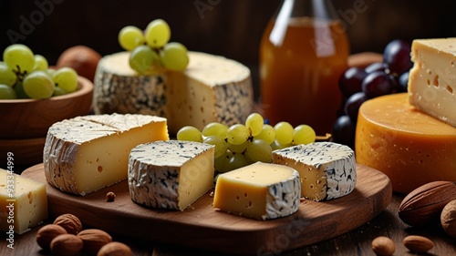 cheeses and cheeses are on a tray with a bottle of orange juice.