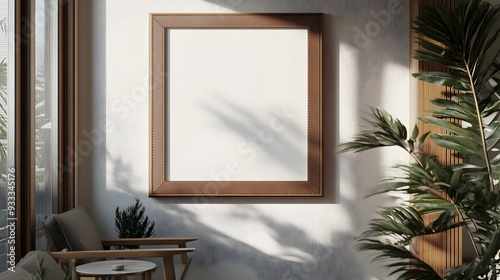 Cinematic 35mm Film Inspired 3D Rendered Mockup of a White Background Frame Set in a Dramatic Chiaroscuro Lit Vintage Leather Bound Mid Century Modern Aesthetic Living Space