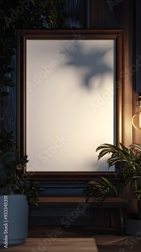 Cinematic 35mm film photography mockup of a vintage leather bound frame in a dramatic chiaroscuro lit mid century modern aesthetic living space  3D rendered interior design with a clean