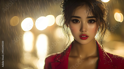 A beautiful woman with wet hair standing in the rain, looking at the camera. photo