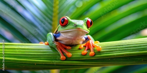 Funny red eyed tree frog enjoying vacation in a tropical setting , tree frog, red eyed, funny, vacation, , tropical photo