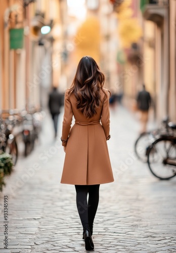 Woman in a beige coat walking through a charming cobblestone street in the ev...