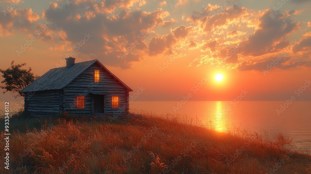 A serene sunset over a lakeside cabin with glowing windows. A serene sunset over a lakeside cabin with glowing windows.