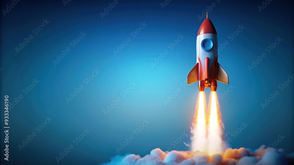 Vibrant rocket taking off on blue background, rocket, space, exploration, launch, adventure, vibrant, colorful, sky Vibrant rocket taking off on blue background, rocket, space, exploration, launch, adventure, vibrant, colorful, sky
