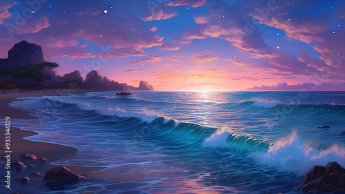 Vibrant Sunset Over a Calm Ocean with Gentle Waves