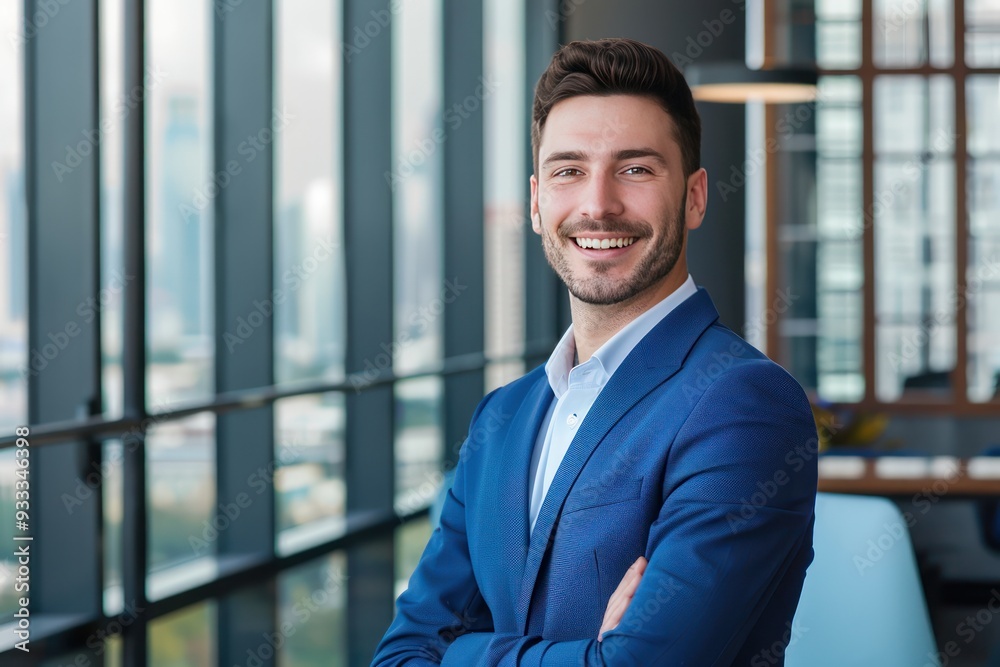 Portrait of a handsome businessman in a blue suit, smiling, against a modern office interior with panoramic windows and cityscape view, copy space on the right. Portrait of a handsome businessman in a blue suit, smiling, against a modern office interior with panoramic windows and cityscape view, copy space on the right.