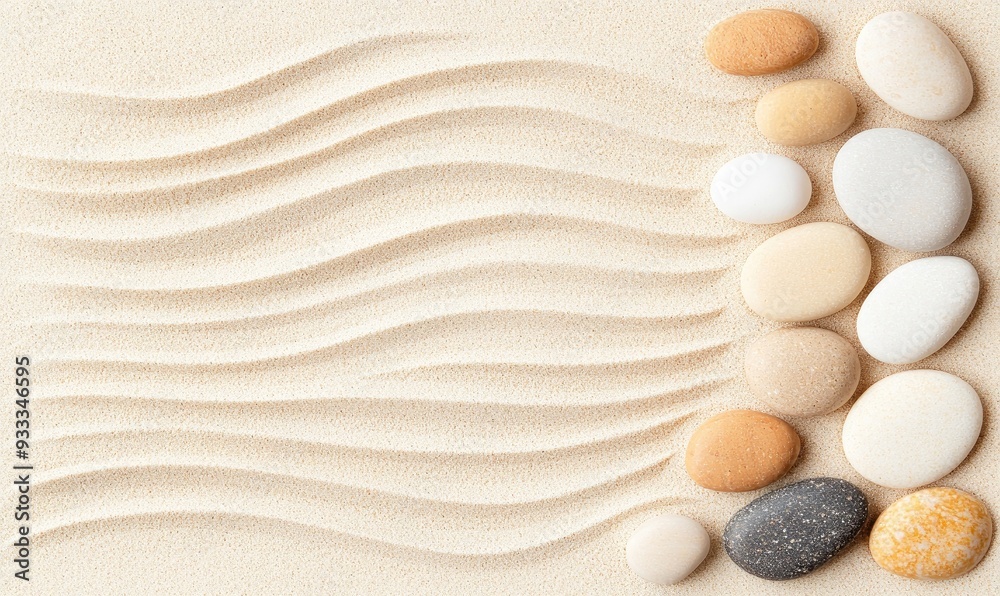 A serene arrangement of smooth stones and gentle sand waves, perfect for relaxation and mindfulness themes. A serene arrangement of smooth stones and gentle sand waves, perfect for relaxation and mindfulness themes.