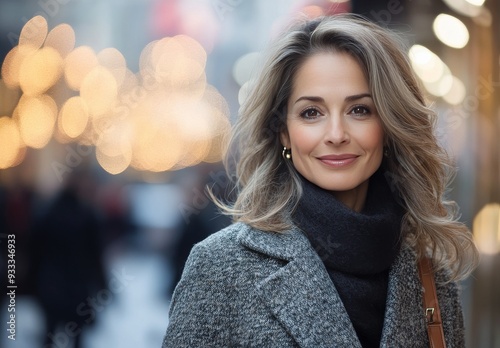 Woman with wavy hair smiling outdoors amid glowing holiday lights in a city s...