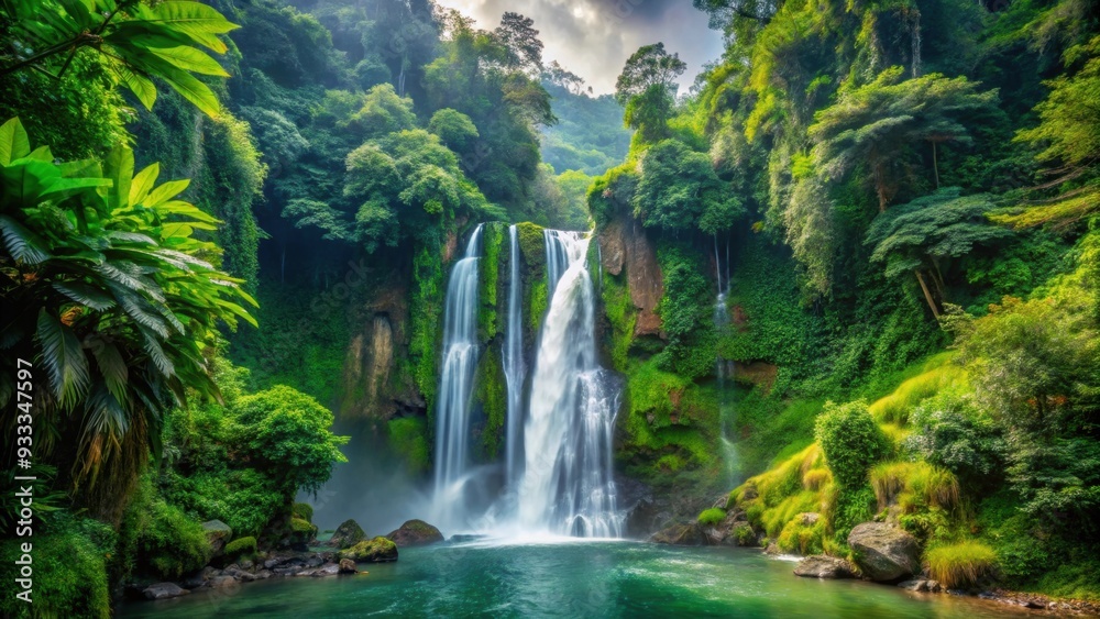 Obraz premium A stunning waterfall cascading down a lush cliff in the jungle surrounded by vibrant green vegetation, waterfall, jungle