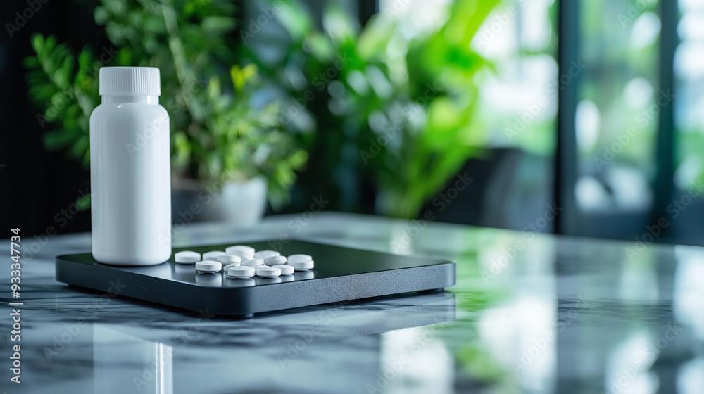 A modern scale with a pill bottle beside it, symbolizing the relationship between medication, weight loss, and a commitment to health and fitness A modern scale with a pill bottle beside it, symbolizing the relationship between medication, weight loss, and a commitment to health and fitness