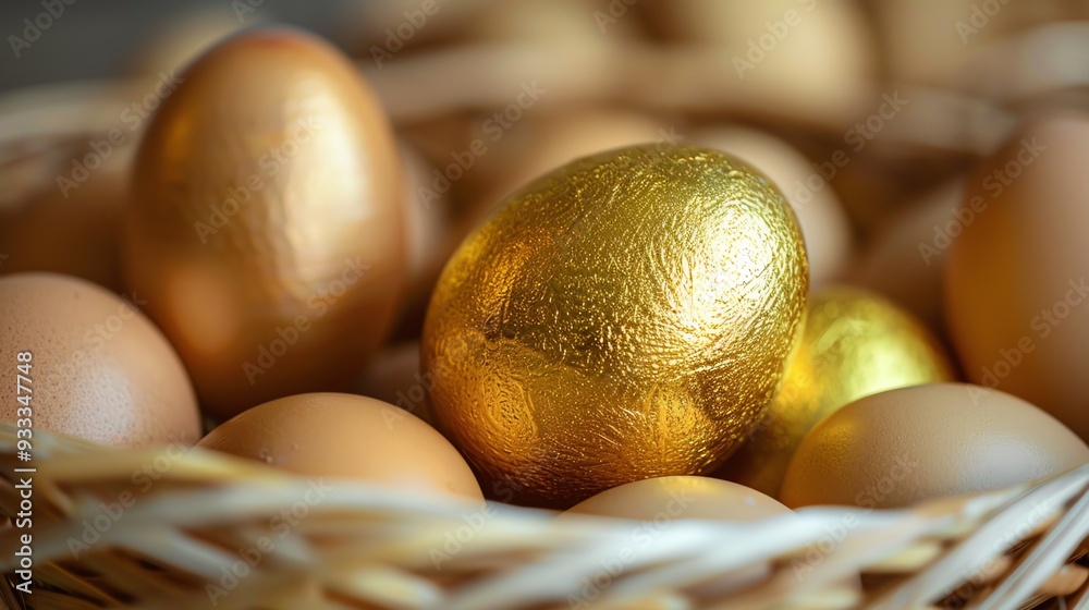 A golden egg sits among a cluster of brown eggs in a woven basket. A golden egg sits among a cluster of brown eggs in a woven basket.