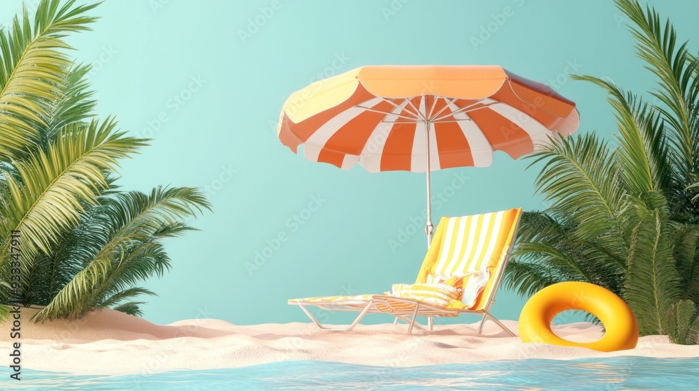 Obraz premium A pink and white striped umbrella is set up over a chair in a pool