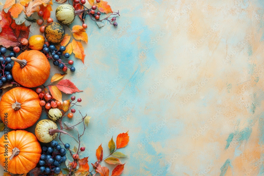 Fototapeta premium Autumnal Still Life with Pumpkins, Grapes, and Fall Leaves