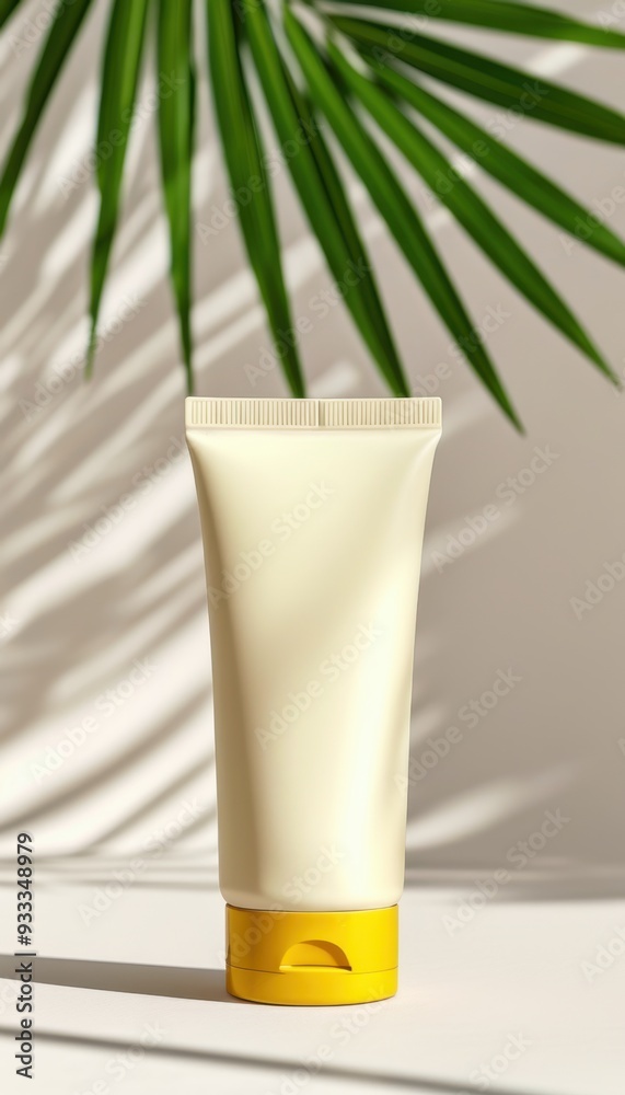 Refreshing moisturizer tube set against a soft background, featuring vibrant green palm leaves, embodying a natural and soothing skincare aesthetic. Refreshing moisturizer tube set against a soft background, featuring vibrant green palm leaves, embodying a natural and soothing skincare aesthetic.