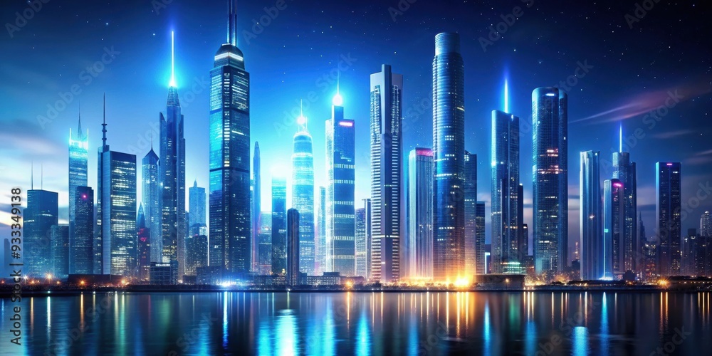 Fototapeta premium Glowing skyscrapers illuminating the futuristic cityscape at night , city, night, skyscrapers, glowing, futuristic