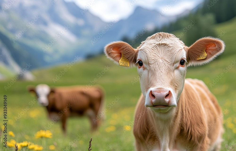Brown cows grazing in a sunny alpine meadow with mountains in the background Brown cows grazing in a sunny alpine meadow with mountains in the background