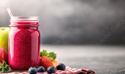 A vibrant smoothie jar surrounded by fresh fruits, perfect for healthy living and refreshing beverage ideas.