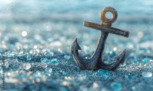 A weathered anchor rests on sparkling sand beside shimmering water, capturing the essence of nautical charm and coastal beauty.