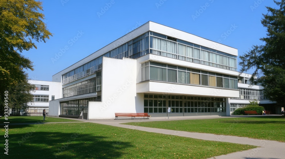 Modern architecture building with a green lawn in front of it.