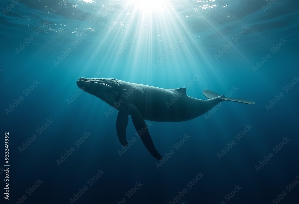 Naklejka premium Deep Blue Beauty: A Whale Basking in the Sunlight Beneath the Ocean's Surface