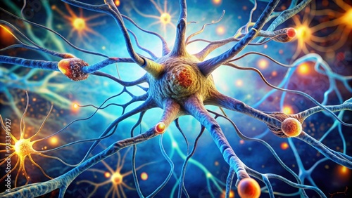 Detailed rendering of a nerve cell with myelin sheath and synapses, neuron, nerve cell, rendering photo