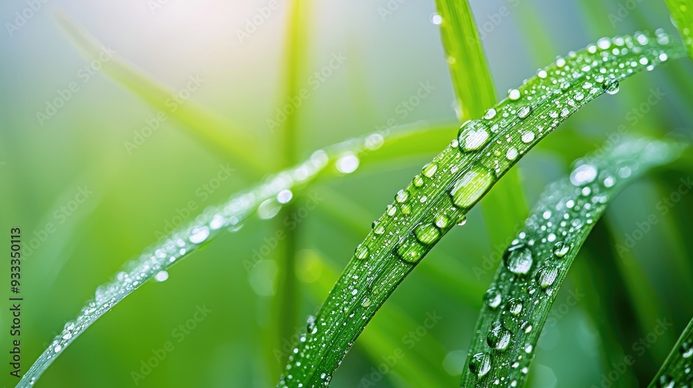 Naklejka premium Close-up of dew drops on green grass blades, capturing the beauty of nature and freshness during a serene morning.