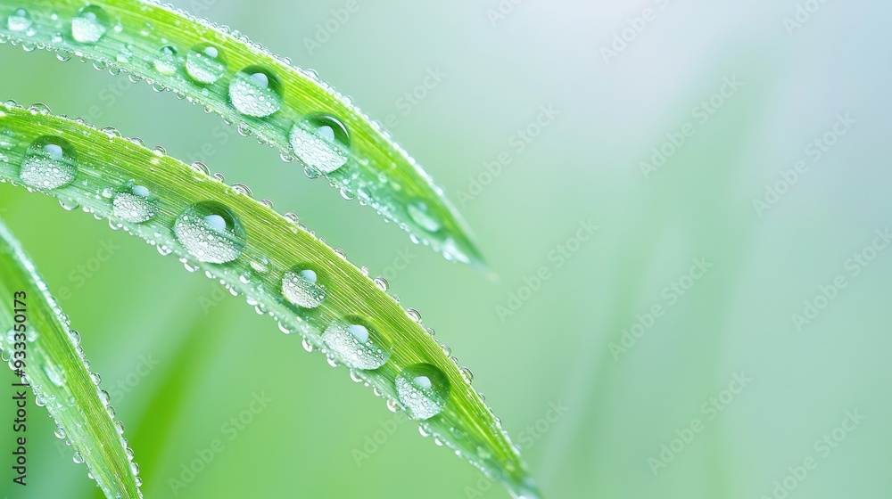 Close-up of green leaves adorned with sparkling water droplets, capturing the essence of nature's freshness and tranquility. Close-up of green leaves adorned with sparkling water droplets, capturing the essence of nature's freshness and tranquility.