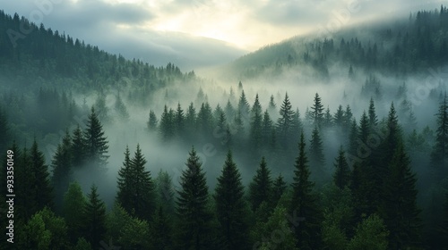 Misty landscape with spruce forest in morning 