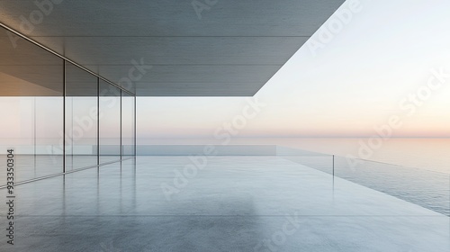 Modern balcony overlooking the sea at sunset.