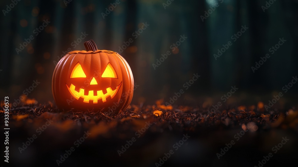 Spooky Haunted Jack-O'-Lantern in Cartoon Forest at Eerie Night with Copy Space, Quality Spooky Haunted Jack-O'-Lantern in Cartoon Forest at Eerie Night with Copy Space, Quality